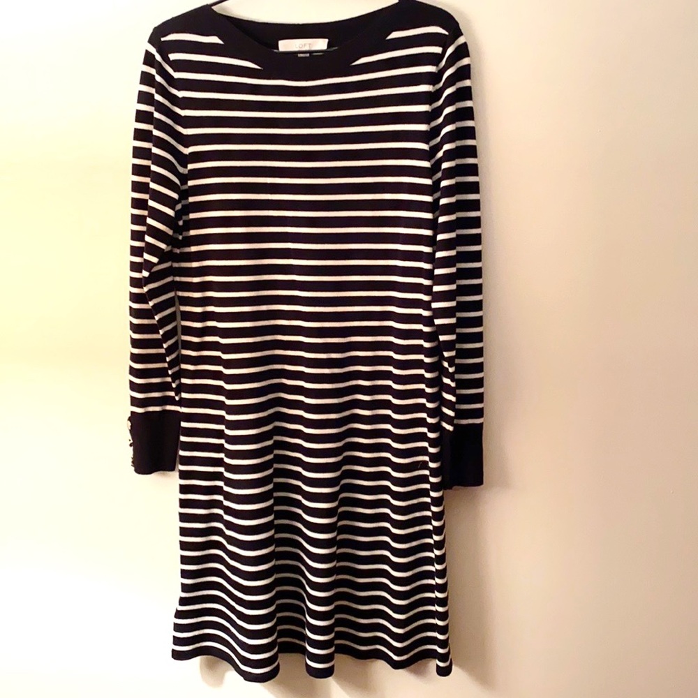 Loft Striped Flare Sweater Dress, SZ L, Black